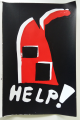 Een rood huisje op zwarte achtergrond. Daaronder de tekst "HELP!"